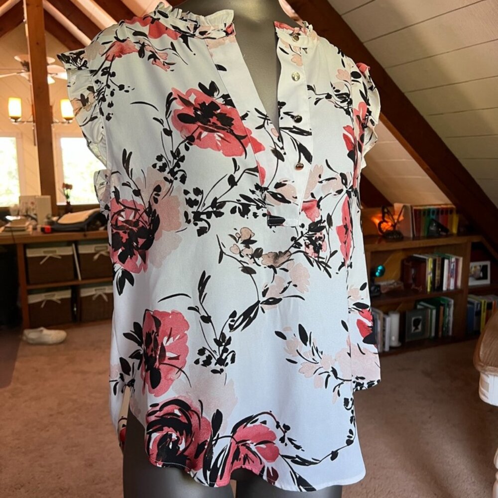 L - DKNY - Ruffled Sleeveless Floral Print Blouse